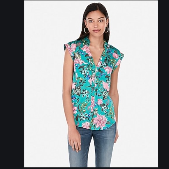 Express Tops - Express green floral satin short sleeve zip up S